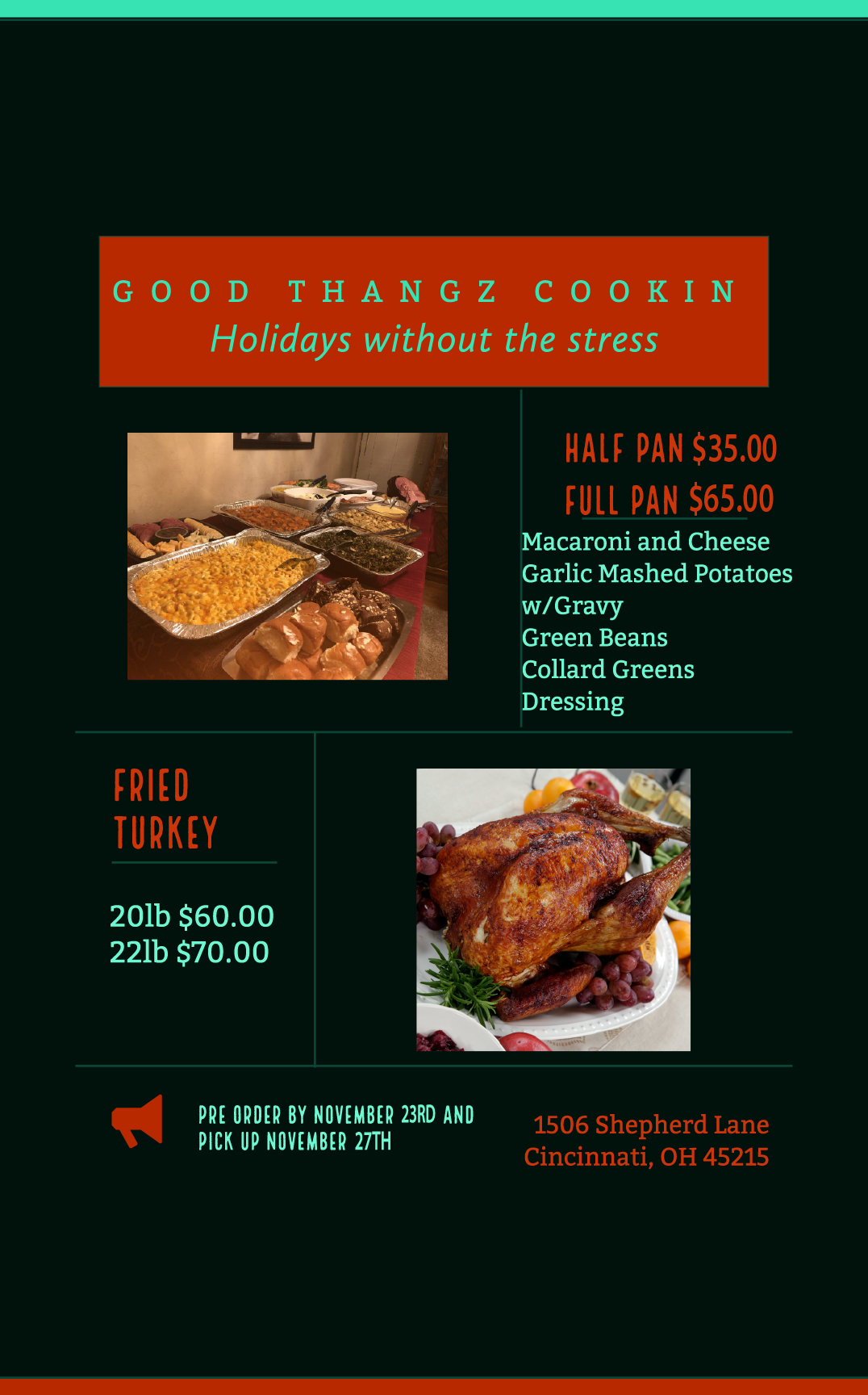 Holiday catering spread from Good Thangz Cookin